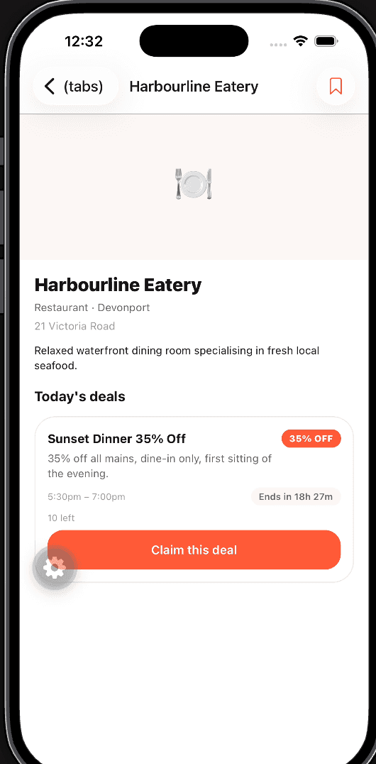 Munch business and deal screen showing a claimable 35% off offer at Harbourline Eatery