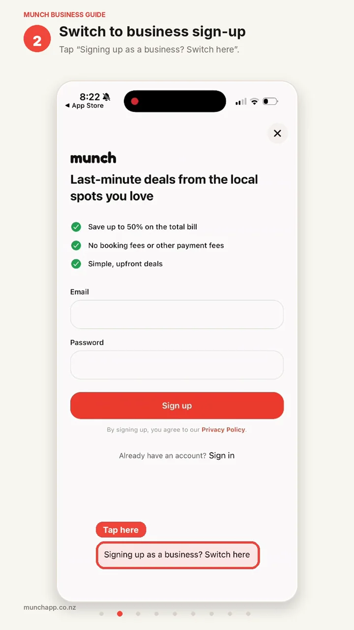 Munch sign-up screen with the Switch to business link highlighted.