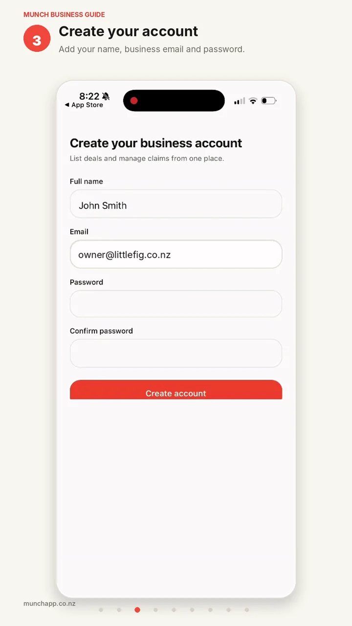 Munch business account creation screen with name, email and password fields.
