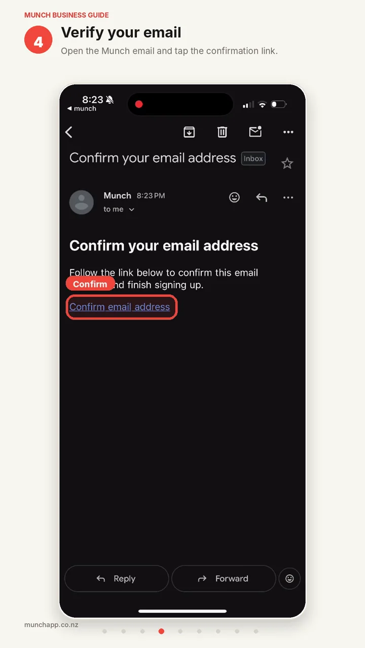 Email confirmation screen for owner@littlefig.co.nz, prompting you to verify your email address.
