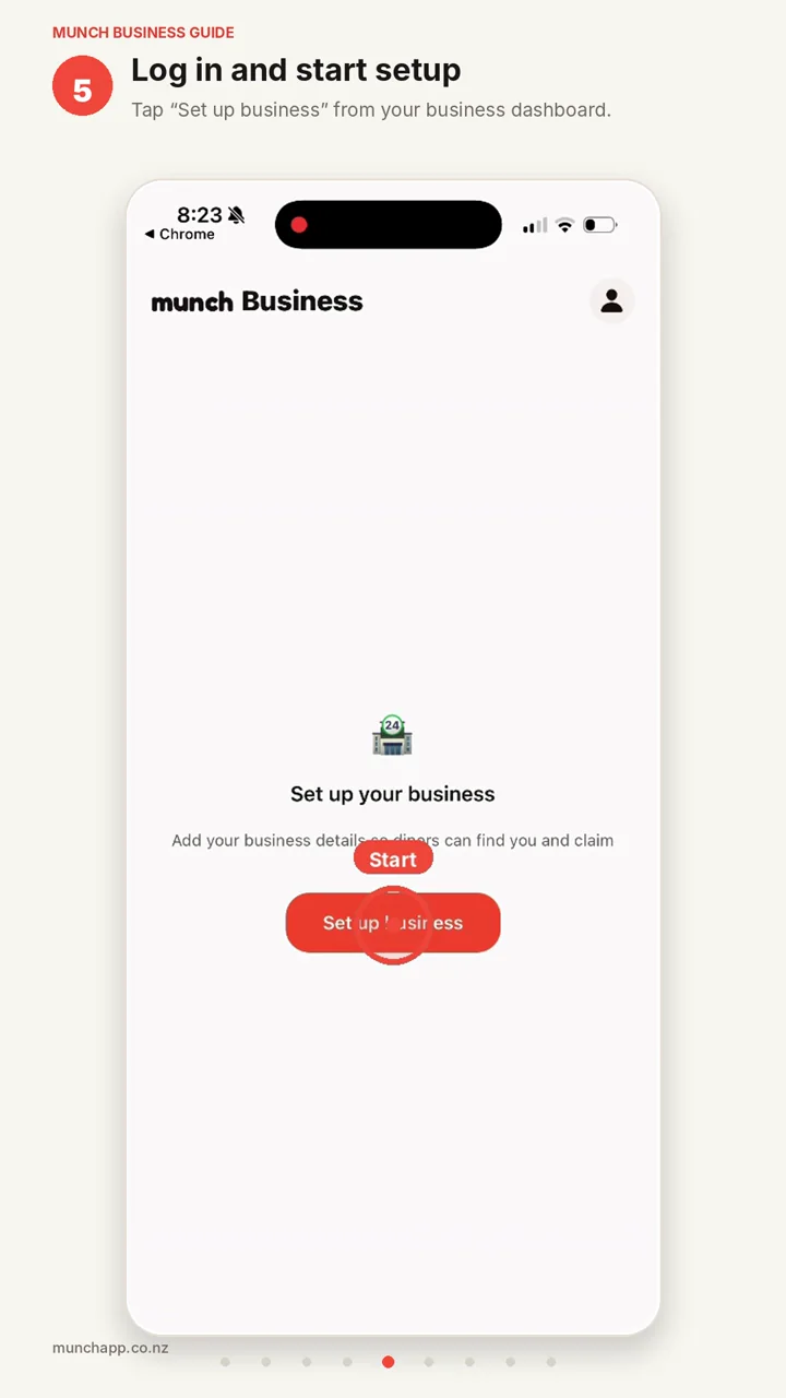Munch Business dashboard with the Set up business button highlighted.